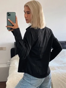 DAZY 女款優雅夏季度假襯衫，花卉刺繡、收腰設計、長袖與翻領秋季款 - 黑色 - 查看 3