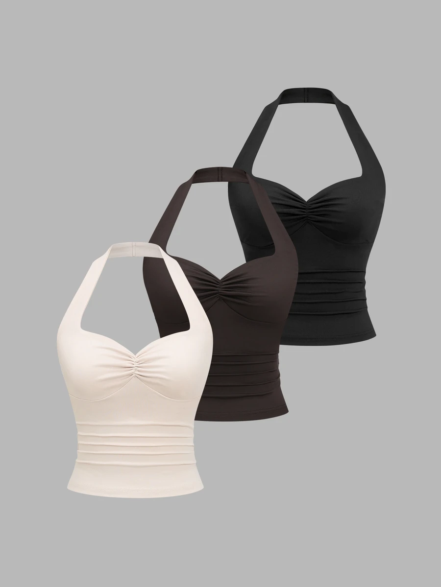 Sweetra New European And American Sexy Style Halter Neck Ruched Cinched Waist Apricot, Coffee Brown And Tops 3-Piece Set - Multicolor - View 1
