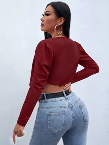 SHEIN PETITE 秋冬款泡泡袖前開襟短版夾克 - 酒紅色 - 查看 2