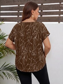 SHEIN LUNE Artistic Line Drawing Round Neck Pullover Plus Size Shirt Blouse - Brown - View 2