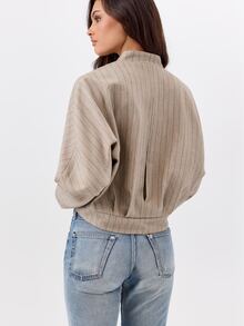 KÆRIA Hus 女款條紋蝙蝠袖長袖單排扣休閒夾克 - 米色 - 查看 2