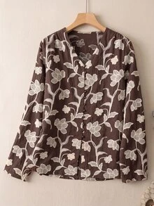 Rusticease Women's V-Neck All-Over Print Casual Vintage Versatile Everyday Outing Shirt Party Brown Floral Autumn - Brown - View 1