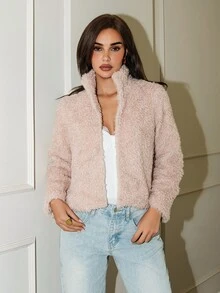 Allurite Women's Solid Color Casual Elegant Versatile Winter Faux Fur Coat Going Out Dusty Pink - Dusty Pink - View 3