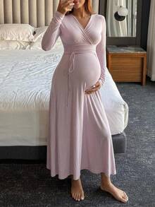 Dazy Maternity Solid Color Fitted Cinched Waist Ruched Tie Long Sleeve V-Neck Casual Vacation Daily Spring Autumn Dress Maternity Dress - Pink - View 7