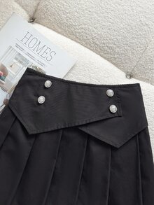 SHEIN 女童基本款黑色百褶裙，秋冬款，精緻摺疊腰部設計，棉混紡面料，適合學校、外出及多種場合 - 黑色 - 查看 5