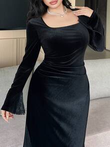 Dazy Plus Velvet Fitted Elastic Bodycon Elegant Banquet Contrast Lace Mermaid Dress Spring/Autumn New Style - Black - View 6