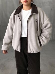 Dazy Plus Fleece Colorblock Patchwork Korean Style Preppy Versatile Warm Jacket Coat, New Autumn/Winter - Light Grey - View 3