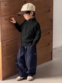 SHEIN 兒童小男孩休閒扭轉領拉鍊開襟秋季毛衣 - 黑色 - 查看 7