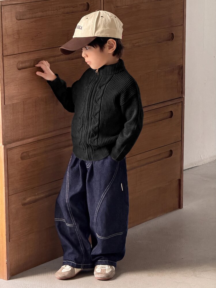 SHEIN Kids Young Boys' Casual Twist Collar Zip-Up Autumn Sweater - Black - View 7