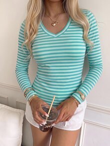 CovetEZ 女款V領修身條紋長袖T恤，休閒簡約派對日常穿搭 - 彩色 - 查看 6