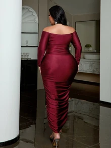 NU&NOW Plus Size Fashion Sexy Off-Shoulder Twisted Hollow Out Fitted Dress - Burgundy - View 6