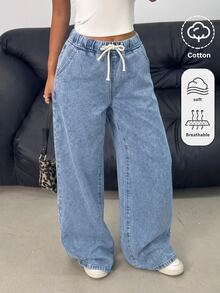 SHEIN Tween Girl Blue Loose Straight Leg Denim Jeans - Blue - View 3