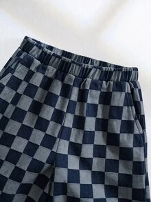 SHEIN 1件小男孩休閒運動可愛日常舒適街頭風百搭黑白棋盤格印花直筒長褲，適合外出、上學、日常聚會，四季皆宜，開學季適用 - 彩色 - 查看 6