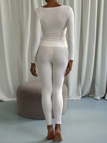 Livesso Autumn/Winter Brushed Knit Lace Trim Square Neck Slim Fit Women's Pajama Set - White - View 2