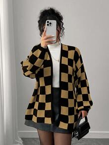 Elenzga 秋冬時尚休閒拼色拼接棋盤格女款長袖寬鬆顯瘦大尺碼開襟衫，外套上衣，度假、派對適用 - 摩卡棕 - 查看 5