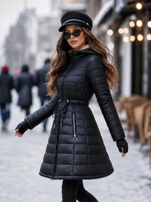 Editum Women's Winter Fashion Drawstring Waist Hooded Jacket - Black - View 6