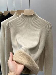 SHEIN Franclia Soft Oatmeal Color Semi-High Neck Knit Base Layer, Vertical Ribbed Texture With Excellent Elasticity, Slim Fit And Flattering Silhouette, Delicate Rolled Collar Design - Apricot - View 1