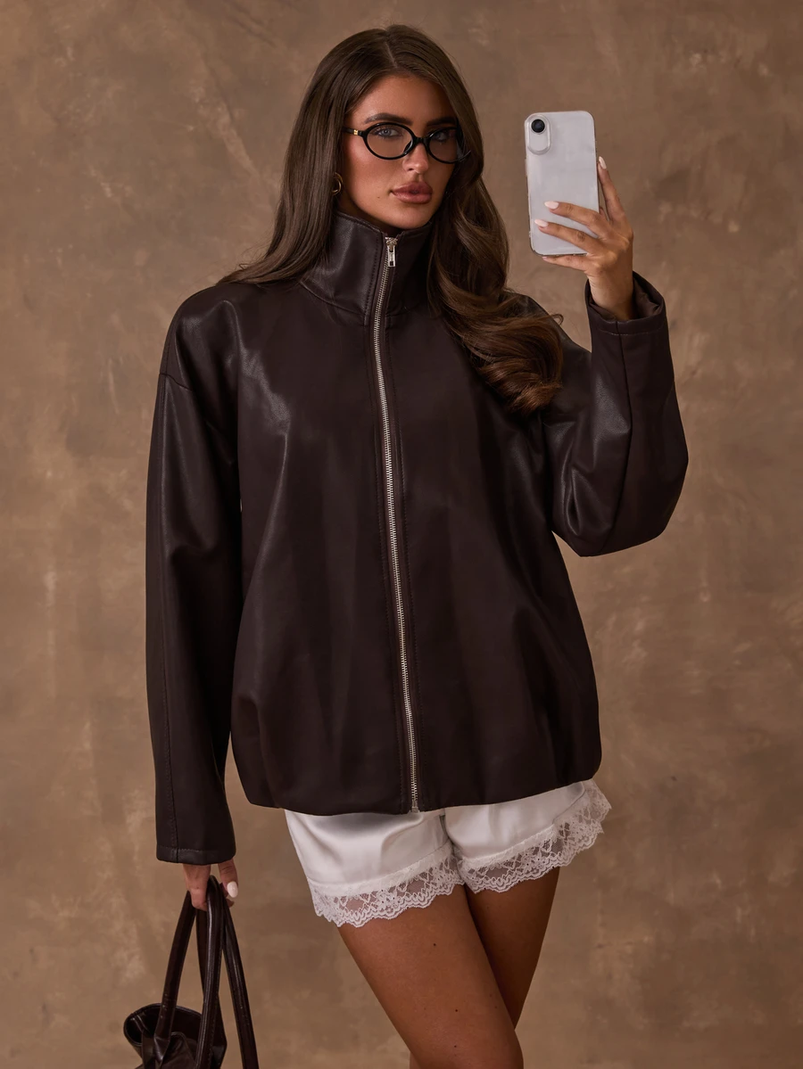SHEIN BAE Women's Autumn Fashion Versatile Jacket - Coffee Brown - View 1