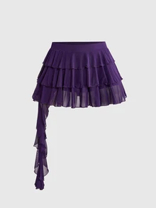 ROMWE Grunge Punk Women's Spring Break Concert Rave Festival Outfit, Sexy Punk Music Festival Party Multi-Layer Asymmetrical Ruffle Leopard Print Elastic Mesh Plus Size Skirt - Purple - View 1