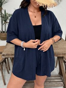 SHEIN VCAY Plus Size Solid Color Short Sleeve Shirt And Shorts 2 Pieces Set - Navy Blue - View 4