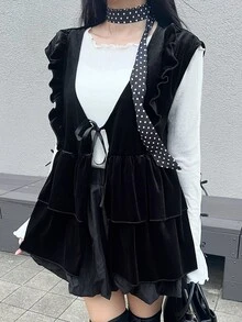 FRIFUL Women's Solid Color Front Tie Patchwork Ruffle Casual Elegant Tank Top Brunch Black Summer Fall - Black - View 3