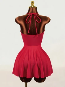 Mistrie Women's Halter Neck Deep V-Neck Solid Color Sexy Dress - Red - View 10