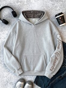 SHEIN 青少年女孩豹紋英文字母連帽寬鬆休閒衛衣 - 灰色 - 查看 3