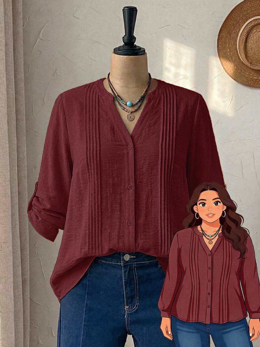 Modelyn Plus Size Women Solid Color Rolled Sleeve Notch V-Neck Blouse - Burgundy - View 1