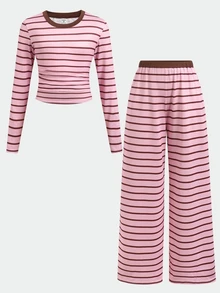 Tween Girls Versatile Pink Striped Colorblock Long Sleeve Top And Light Gray Pants 2 Pieces Set - Pink - View 2