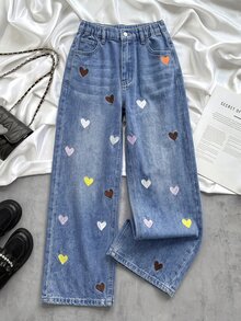 SHEIN Girlism 青少年女孩彩色愛心刺繡圖案藍色牛仔寬鬆長褲 - 藍色 - 查看 2