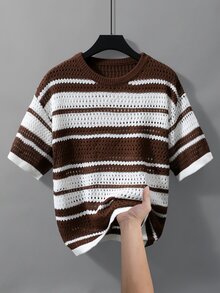 Manfinity Roughcore Men's Colorblock Striped Short Sleeve Knit Top - Brown - View 7