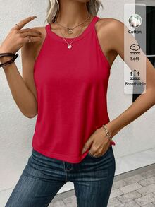 SHEIN LUNE 95%棉女款休閒修身掛脖背心，適合夏季 - 紅色 - 查看 5