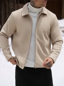 Manfinity Homme 男士休閒純色拉鍊百搭外套 - 卡其色 - 查看 5