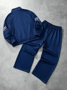 SHEIN 2pcs/Set Boys Casual Streetwear Cool Minimalist Printed Zip-Up Half-Open Collar Pullover Hoodie And Straight Leg Pants Set School Fall - Navy Blue - View 2