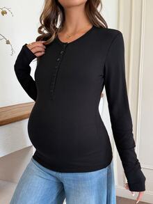 Dazy Maternity Solid Color Slim Fit Elastic Long Sleeve Crew Neck Casual Daily Holiday Spring Autumn Maternity T-Shirt - Black - View 6