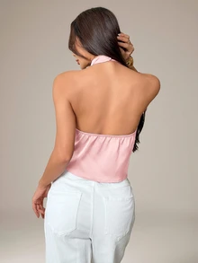 SHEIN PETITE 女款性感露背掛脖上衣，優雅適合派對、通勤與度假，夏季穿搭 - 粉色 - 查看 2