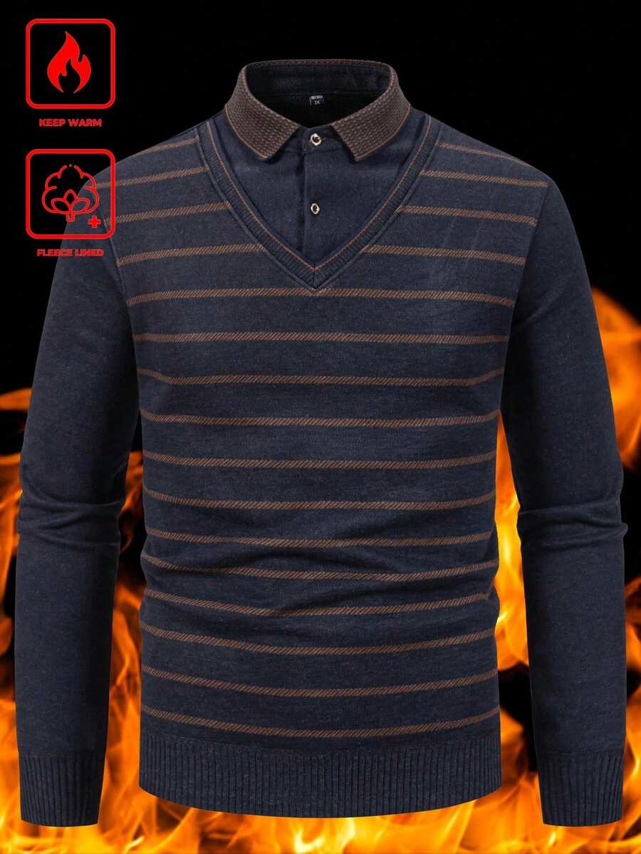 Manfinity Homme 男士保暖內裡休閒翻領 2 合 1 長袖針織衫,秋冬黑色長袖毛衣,情人節款 - 藏蓝色 - 查看 1