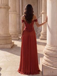 Coutiva Women's Elegant Evening Dress With 3D Floral Decor, Off-Shoulder Design And Pleated Hem - Rust Brown - View 3