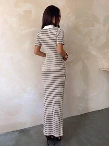 Aloruh 女款條紋針織修身洋裝 - 卡其色 - 查看 2