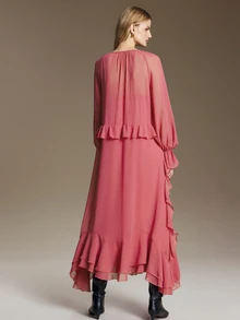 Ontre 女款玫瑰紅長袖洋裝，荷葉邊拼接設計，現代都市時尚商務休閒辦公穿搭，低調老錢風優雅高端通勤機場造型，舒適百搭高品質長洋裝 - 乾枯玫瑰色 - 查看 3