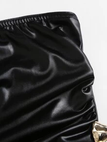 Sweetra Women's Black PU Leather Casual Minimalist Bandeau Sleeveless Ruched Waist Metal Buckle Decor Asymmetrical Hem Ruffle Patchwork Top - Black - View 3