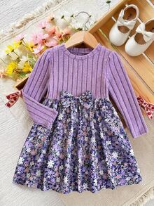 LMoss Kids 女童針織圓領長袖拼接花卉下擺休閒洋裝 - 彩色 - 查看 4