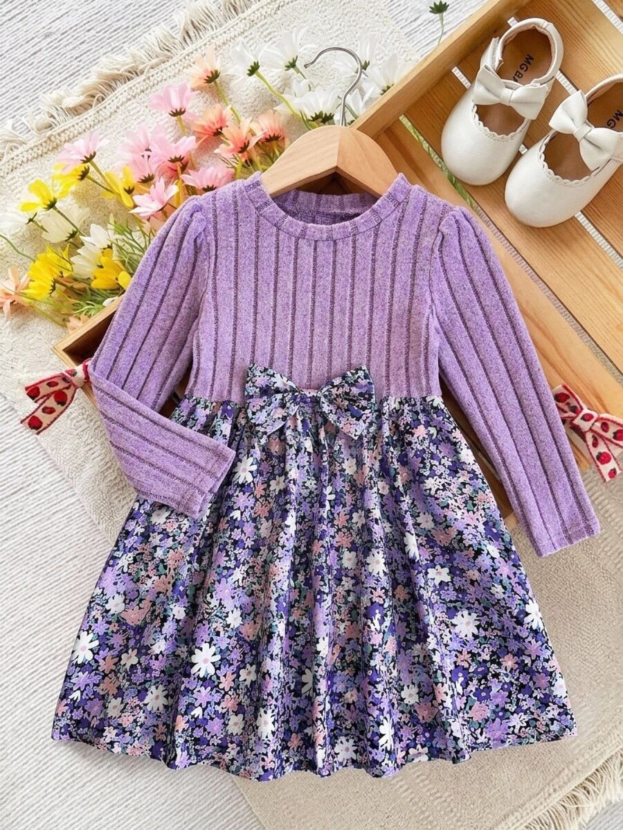 LMoss Kids Young Girl Knitted Round Neck Long Sleeve Patchwork Floral Hem Casual Dress - Multicolor - View 1
