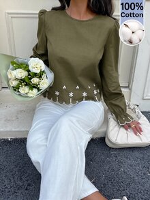 Serisse Women's Casual Floral Embroidered Shirt, Fall Brunch Green Floral - Army Green - View 7