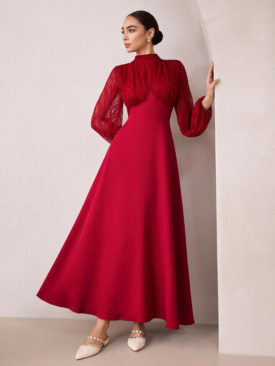 Graceveil Women's Lace Patchwork Stand Collar Long Sleeve Ruched Cinched Waist Flared Elegant Party Dress - Burgundy - View 1