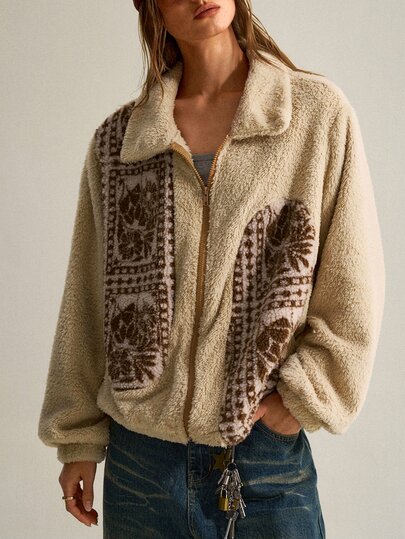 SHEIN Veste régulière polyvalente pour femme, coupe amincissante, style décontracté mode, en polaire double face avec col réversible, fermeture éclair et patchwork à motifs