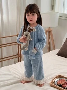 DAZY Baby Girls Round Neck Casual Comfortable Korean Style Long Sleeve 2 Pieces Set Autumn/Winter Loungewear - Baby Blue - View 4