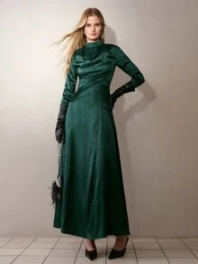 MOTF PREMIUM WOMEN'S STAND COLLAR JACQUARD WAIST-CINCHING LONG DRESS - Dark Green - View 7