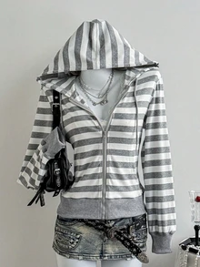 INAWLY European Women's Casual Hooded Grey Striped Knit Cardigan, Spring High Waist Short Jacket, Long Sleeve - Grey - View 4