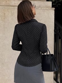 Siren Gaze 女款白色V領襯衫，秋季收腰上衣，純欲風，純色百褶鈕扣長袖襯衫，白色領襯衫，女式白色襯衫 - 黑色 - 查看 2